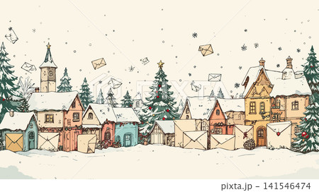 Letters to santa claus flying over snowy village 141546474