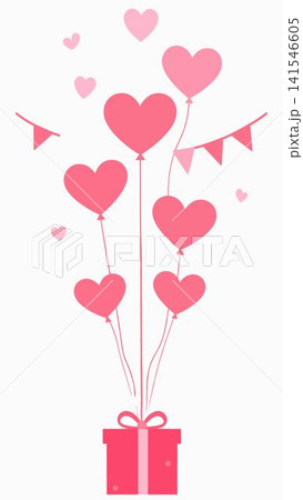 Colorful heart balloons floating above a pink gift box. Colorful heart balloons floating above a pink gift box. 141546605