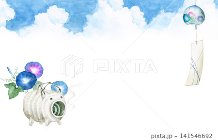 風鈴 朝顔 豚の蚊取り線香　背景 フレーム　水彩 イラスト 141546692