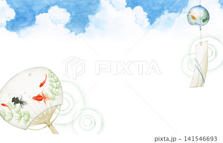 風鈴 うちわ 金魚　背景 フレーム　水彩 イラスト 141546693