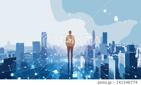 Businessman standing over futuristic smart city network Businessman standing over futuristic smart city network 141546774