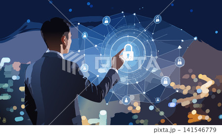 Businessman touching digital lock icon cybersecurity network Businessman touching digital lock icon cybersecurity network 141546779