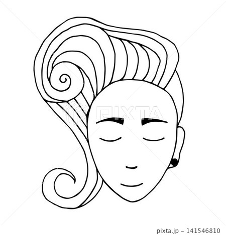 Simple vector freehand drawing with a black line, contour of a female head, cute young girl, stylish fashion hairstyle, curls, wavy hair, earring in the ear, closed eyes. Simple vector freehand drawing with a black line, contour of a female head, cute young girl, stylish fashion hairstyle, curls, wavy hair, earring in the ear, closed eyes. 141546810