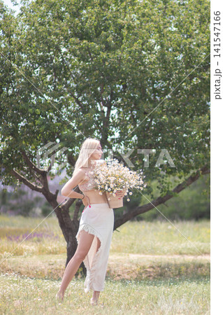 Adult blonde woman in side profile holding a pot of daisies beneath a leafy tree in a sunny meadow. Vertical full length portrait for floral, lifestyle and seasonal use. Adult blonde woman in side profile holding a pot of daisies beneath a leafy tree in a sunny meadow. Vertical full length portrait for floral, lifestyle and seasonal use. 141547166