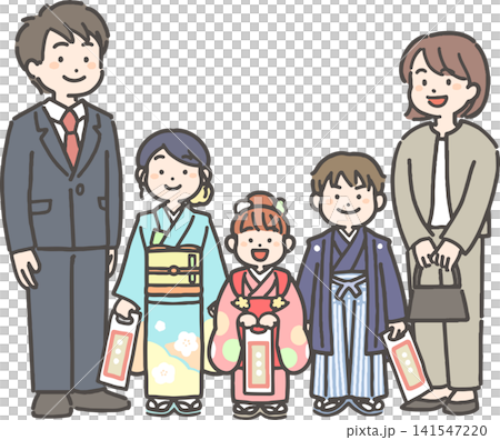 七五三で袴や振袖を着た家族 七五三で袴や振袖を着た家族 141547220