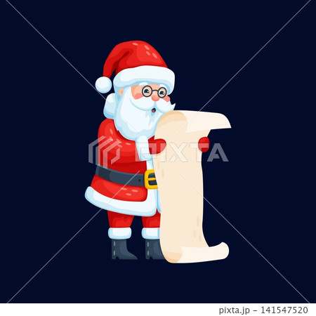 Christmas Santa Claus cartoon character holding long paper scroll list. Vector cute winter holiday personage with red costume, beard and hat reading wishlist. Festive december celebration Noel mascot 141547520