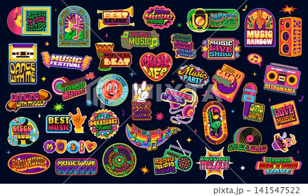 Music y2k groovy stickers, musical sound funky patch labels. Vector retro badges set with neon colors, cassette tapes, boomboxes, vinyl records, instruments, and fun typography, pop culture 90s vibes Music y2k groovy stickers, musical sound funky patch labels. Vector retro badges set with neon colors, cassette tapes, boomboxes, vinyl records, instruments, and fun typography, pop culture 90s vibes 141547522