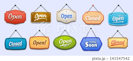 Open and closed signboards for shop or store door sign boards, vector icons. Coming soon, 24 7 open and close signboards or banners hanging on strings for supermarket or kiosk and restaurant door sign Open and closed signboards for shop or store door sign boards, vector icons. Coming soon, 24 7 open and close signboards or banners hanging on strings for supermarket or kiosk and restaurant door sign 141547542