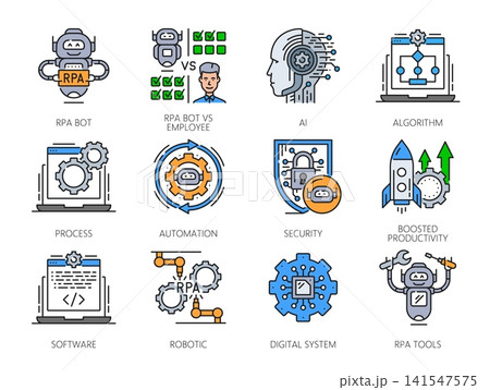 Color RPA line icons, robot business process automation, vector software bots, workflow automation technologies. RPA bots, gears, artificial intelligence robots and digital security outline icons 141547575
