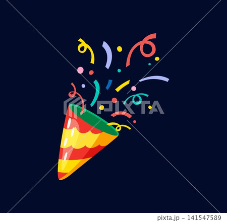 Christmas holiday cartoon confetti cracker decoration item. Merry Xmas season decor element, happy New Year holiday vector decoration. Christmas cartoon firecracker sticker with flying confetti Christmas holiday cartoon confetti cracker decoration item. Merry Xmas season decor element, happy New Year holiday vector decoration. Christmas cartoon firecracker sticker with flying confetti 141547589