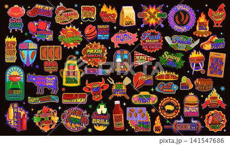 Retro y2k meat and barbeque stickers, bbq patch labels with grilling food icons. Vector fire flames, meat cuts, bbq slogans and sausages, grills, apron, grilled vegetables and sauce retro y2k stickers 141547686