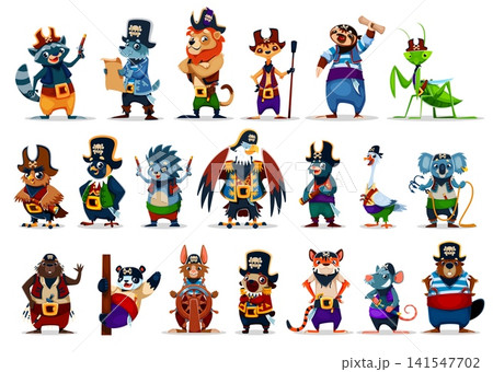 Cartoon animal and bird pirate crew characters in corsair costumes and hats. Cute parrot, lion, dog and cat captain pirate vector personages. Happy seagull, rat, eagle, owl and panda animal corsairs Cartoon animal and bird pirate crew characters in corsair costumes and hats. Cute parrot, lion, dog and cat captain pirate vector personages. Happy seagull, rat, eagle, owl and panda animal corsairs 141547702