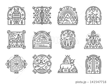 Egyptian boho tattoo, sacred esoteric symbols. Vector outline elements featuring Egyptian mummy, pyramids, palm trees, Sphinx, scorpion, manuscript, Aladdin magic lamp, and cow modern tattoo art Egyptian boho tattoo, sacred esoteric symbols. Vector outline elements featuring Egyptian mummy, pyramids, palm trees, Sphinx, scorpion, manuscript, Aladdin magic lamp, and cow modern tattoo art 141547718