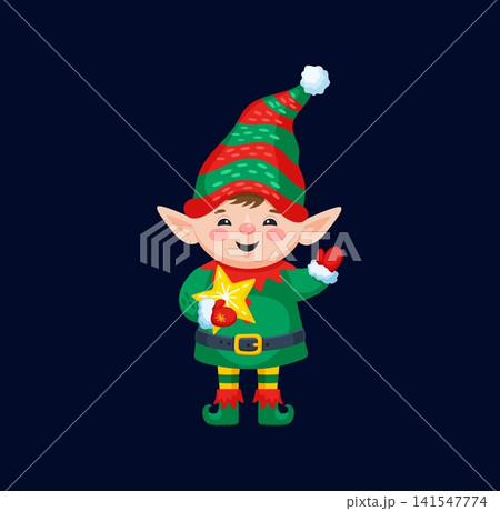 Cartoon cute Christmas elf character. Cheerful elf in green suit, striped hat, and red mittens happily holds up bright star. Adorable vector personage for Christmas cards, gift tags or winter decor Cartoon cute Christmas elf character. Cheerful elf in green suit, striped hat, and red mittens happily holds up bright star. Adorable vector personage for Christmas cards, gift tags or winter decor 141547774