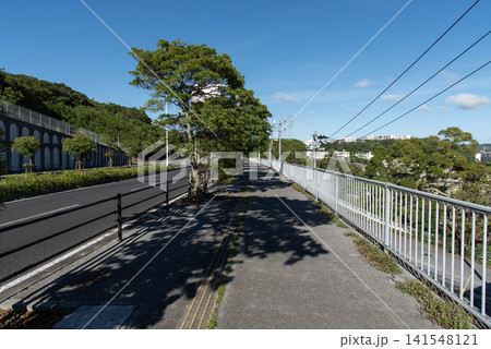 快晴で木々の木漏れ日の影がある歩道と車道 141548121