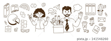 Corporate Office Life Doodle Set. Business Man and Woman Characters Plus Professional Workflow and Work Symbols. Isolated Outline hand-drawn. Vector illustration Corporate Office Life Doodle Set. Business Man and Woman Characters Plus Professional Workflow and Work Symbols. Isolated Outline hand-drawn. Vector illustration 141548260