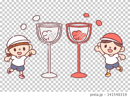 一幅男孩女孩玩投擲紅白球遊戲的插圖。 一幅男孩女孩玩投擲紅白球遊戲的插圖。 141548319