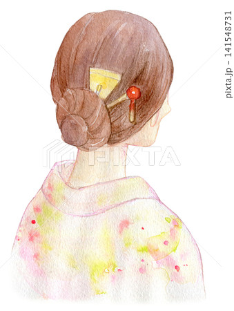 水彩イラスト 手描きイラスト 和服の女性の後ろ姿 水彩イラスト 手描きイラスト 和服の女性の後ろ姿 141548731