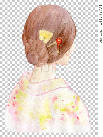 水彩イラスト 手描きイラスト 和服の女性の後ろ姿 水彩イラスト 手描きイラスト 和服の女性の後ろ姿 141548731
