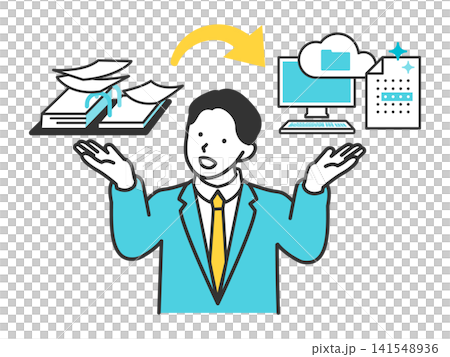 An illustration of a businessman who uses OCR to go paperless and improve work efficiency. An illustration of a businessman who uses OCR to go paperless and improve work efficiency. 141548936