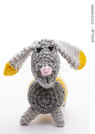 Knitted woolen dog on a white background Knitted woolen dog on a white background 141548980