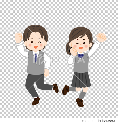 A student in a vest and uniform makes a victory pose. 141548998