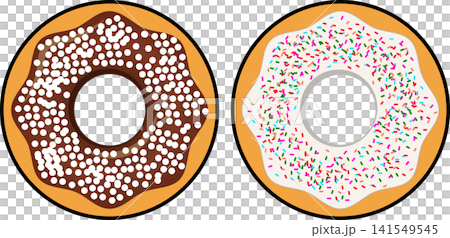 Two sweet donuts set with chocolate glaze and colorful sprinkles for bakery menu Two sweet donuts set with chocolate glaze and colorful sprinkles for bakery menu 141549545