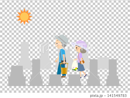 A senior couple heads to visit a grave on a sunny day. 141549783