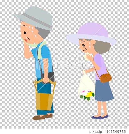炎天下に汗をかきながらお墓参りに向かうシニア夫婦 141549786