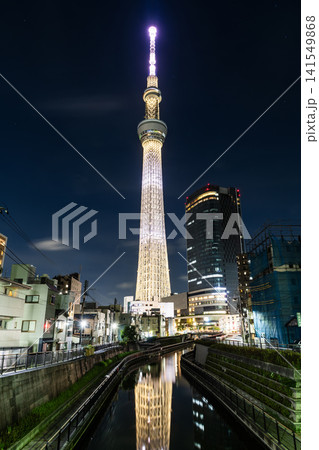 Night view of the Tokyo Skytree, which is the primary television and radio broadcast site in the Kanto region and is the tallest tower in Japan. Night view of the Tokyo Skytree, which is the primary television and radio broadcast site in the Kanto region and is the tallest tower in Japan. 141549868