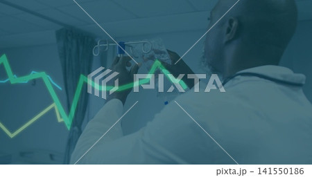Adjusting doctor in white coat with stethoscope, raising hands securing IV bag on pole, ECG overlay Adjusting doctor in white coat with stethoscope, raising hands securing IV bag on pole, ECG overlay 141550186