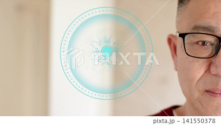 Showing Chinese man wearing glasses maroon-sweater indoors, with turquoise AI graphic, copy space Showing Chinese man wearing glasses maroon-sweater indoors, with turquoise AI graphic, copy space 141550378