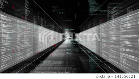 Streaming data tunnel moving through code corridor, with left or right panels, grid floor, red token 141550521