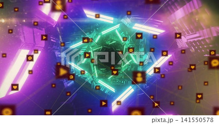 Drawing neon teal hexagonal vortex pulling social icons inward in digital hub, with circuitry Drawing neon teal hexagonal vortex pulling social icons inward in digital hub, with circuitry 141550578