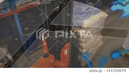 Displaying shrink-wrapped pallet sitting on wood pallet in warehouse, with orange jack and AR grid Displaying shrink-wrapped pallet sitting on wood pallet in warehouse, with orange jack and AR grid 141550679