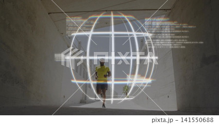 Running man wearing neon shirt sprinting toward camera through underpass, with holographic globe Running man wearing neon shirt sprinting toward camera through underpass, with holographic globe 141550688