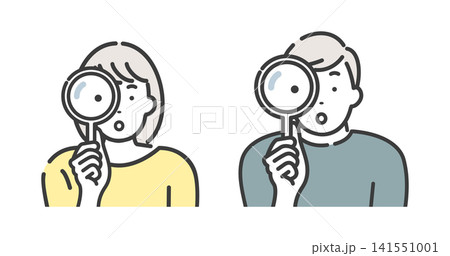 虫眼鏡を使って調べる若い男性と女性 虫眼鏡を使って調べる若い男性と女性 141551001