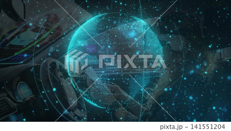 Showing holographic cyan globe over car cockpit, woman holding wheel, wearing striped sleeves Showing holographic cyan globe over car cockpit, woman holding wheel, wearing striped sleeves 141551204