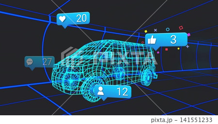 Displaying neon-cyan wireframe SUV model floating in dark virtual tunnel, showing social badges 141551233