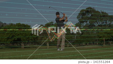 Swinging male golfer in striped polo, slacks on fairway, club tracked by teal grid, traces, labels Swinging male golfer in striped polo, slacks on fairway, club tracked by teal grid, traces, labels 141551264