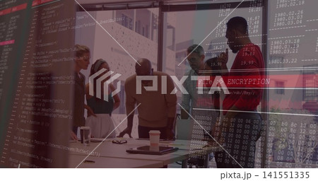 Reviewing six-person team wearing business casual leaning over laptop at meeting, FileENCRYPTION Reviewing six-person team wearing business casual leaning over laptop at meeting, FileENCRYPTION 141551335