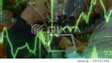 Examining managers wearing shirt and blazer viewing tablet at warehouse with forklift green overlay Examining managers wearing shirt and blazer viewing tablet at warehouse with forklift green overlay 141551349