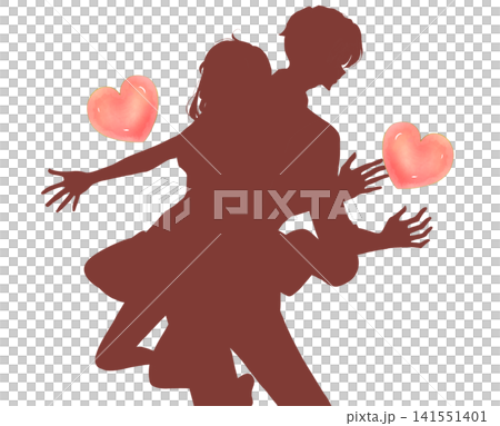 両手を広げる男女とハート型 恋愛 背中合わせ シルエット 両手を広げる男女とハート型 恋愛 背中合わせ シルエット 141551401