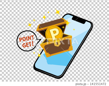 插圖顯示一個寶箱和 P 幣從智慧型手機螢幕中彈出，表示正在獲得積分。 141551472