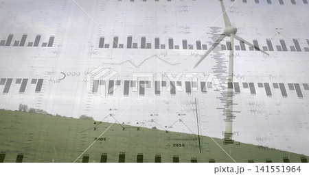 Displaying wind turbine rising from grassy hillside with tree line, overlaying gridlines and charts Displaying wind turbine rising from grassy hillside with tree line, overlaying gridlines and charts 141551964