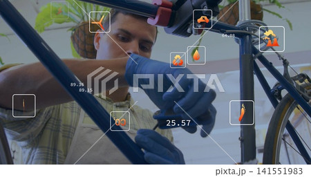 Repairing mechanic adjusting bicycle near bars in workshop, wearing apron, blue gloves, AR overlays 141551983