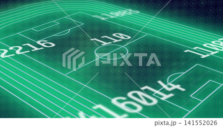 Rendering soccer pitch glowing neon green in analytics UI, with white lines and numeric overlays 141552026