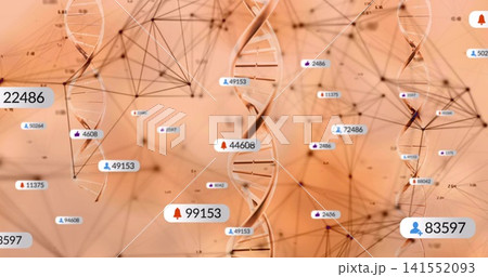 Displaying central DNA helix rotating in virtual biotech visualization, with data badges, nodes Displaying central DNA helix rotating in virtual biotech visualization, with data badges, nodes 141552093