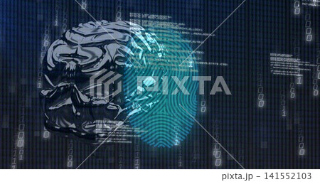 Glowing metallic brain showing cyan fingerprint hologram in cyberspace with binary code Glowing metallic brain showing cyan fingerprint hologram in cyberspace with binary code 141552103