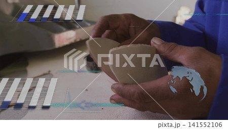 Holding mature hands aligning two ceramic halves on bench in blue shirt, scribe and screen overlays 141552106